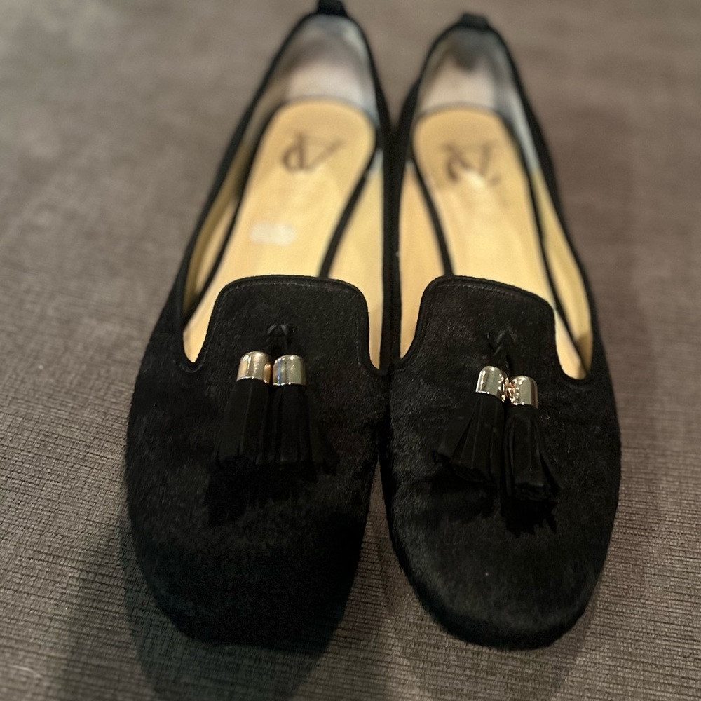 Vince Camuto Loafers Fur Casual Tassels Flats Slip-on Black Shoes Women
